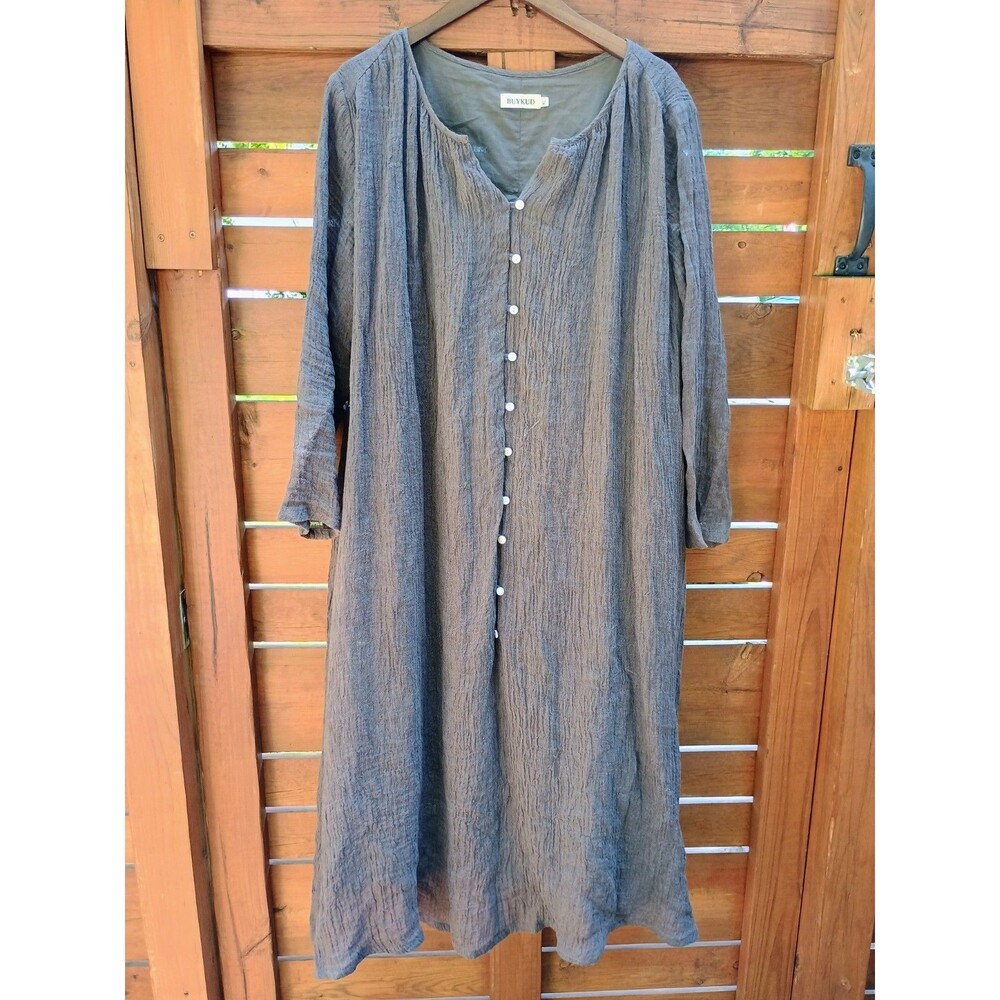 Buykud Brown Button Long 100% Linen Dress Ladies XL Natural Fibers